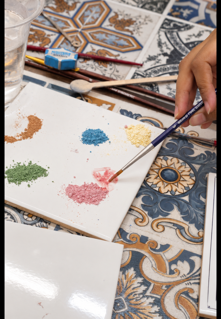 Mixing ceramic paint colours during an Azulejo tile painting workshop in Goa