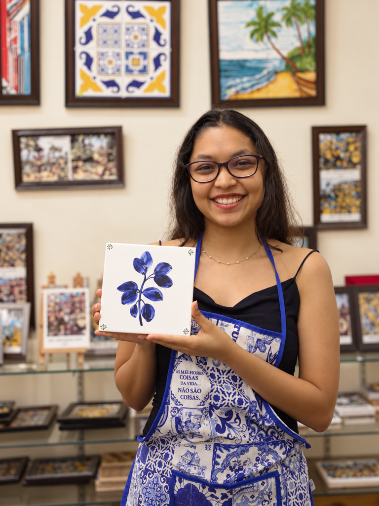 Participant showcasing her finished Azulejo tile painting at CIPA in Panjim, Goa